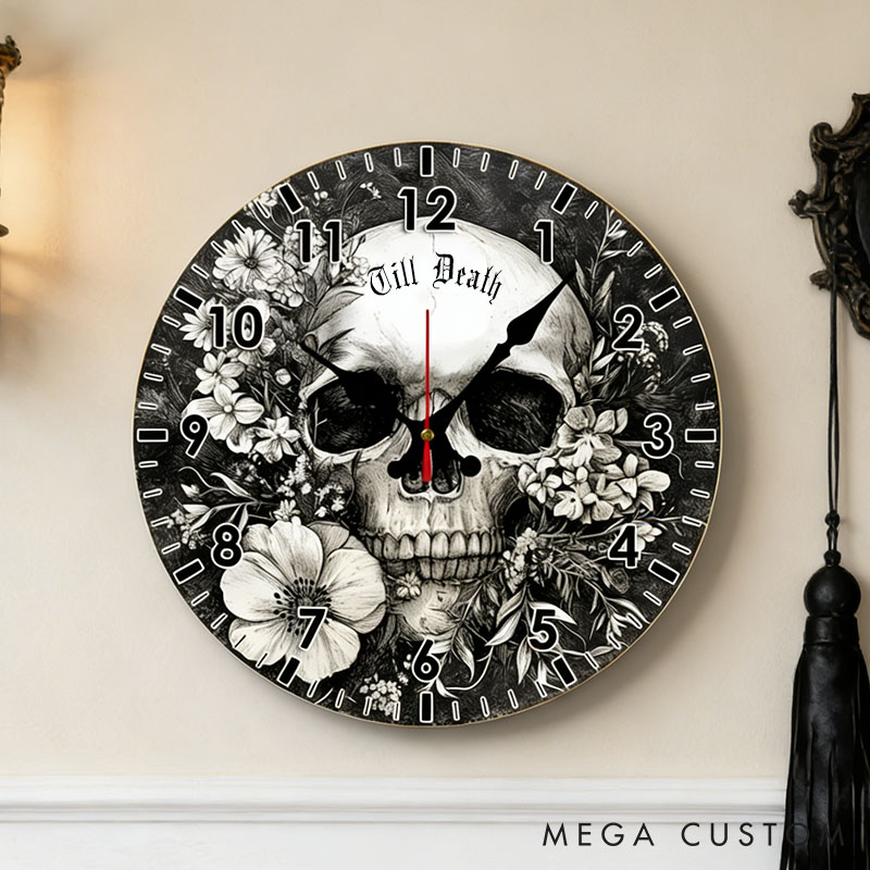 Personalized Man Skull Floral Till Death Wall Clock Custom Boyfriend Husband Gothic Style Graphic 3D Printed Wall Clock Valentines Day Gift for Him