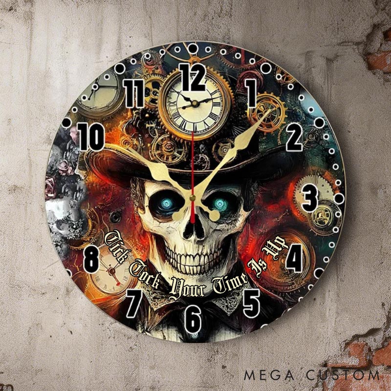 Personalized Man Skull Tick Tock Your Time Is Up Wall Clock Custom Boyfriend Husband Gothic Graphic 3D Printed Wall Clock Valentines Day Gift for Him