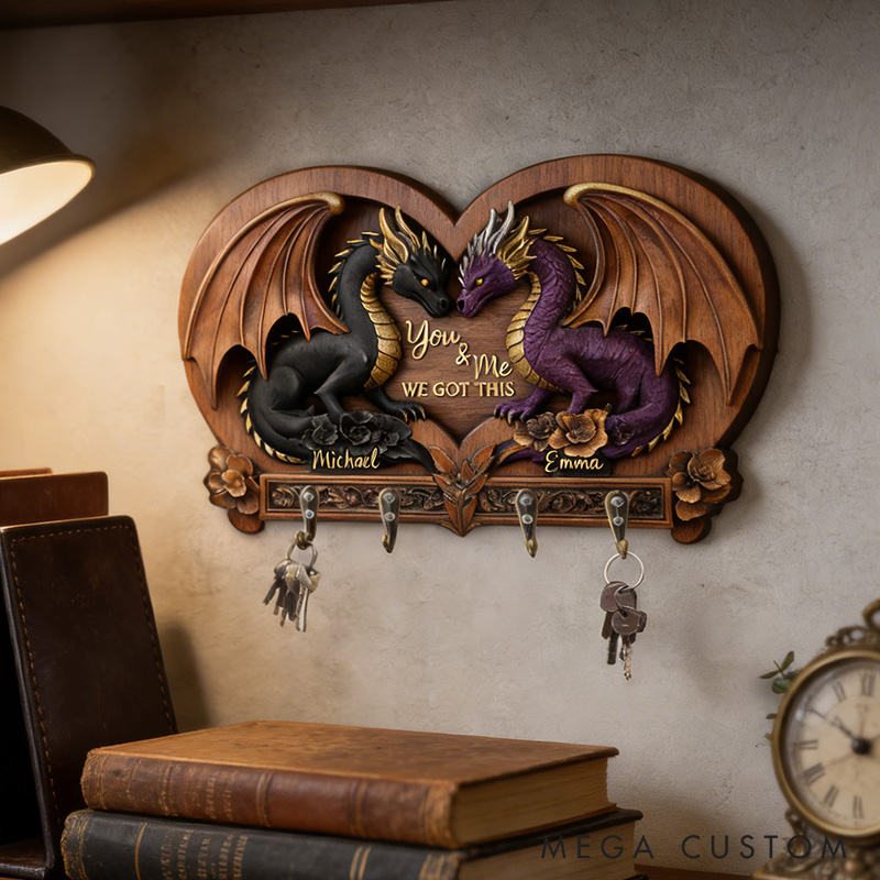 Personalized You and Me We Got This Dragon Couple Wooden Key Rack Custom Graphic 3D Printed Effect Key Hanger Anniversary Valentines Day Gift