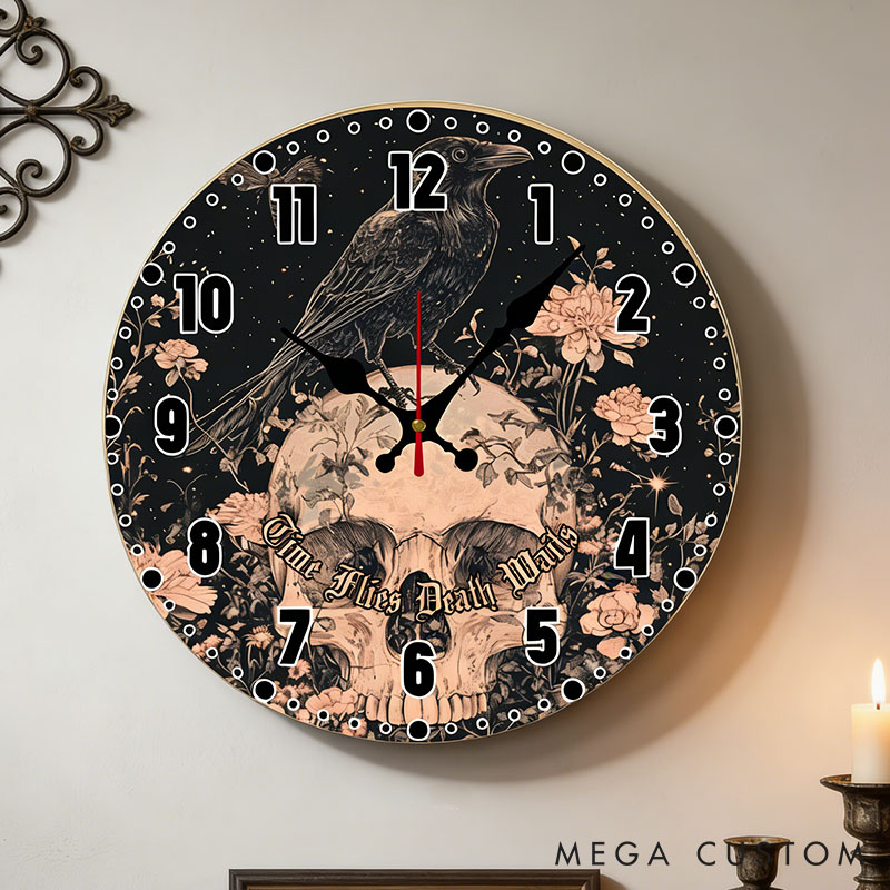 Personalized Man Skull Time Flies Death Waits Wall Clock Custom Boyfriend Husband Gothic Graphic 3D Printed Wall Clock Valentines Day Gift for Him