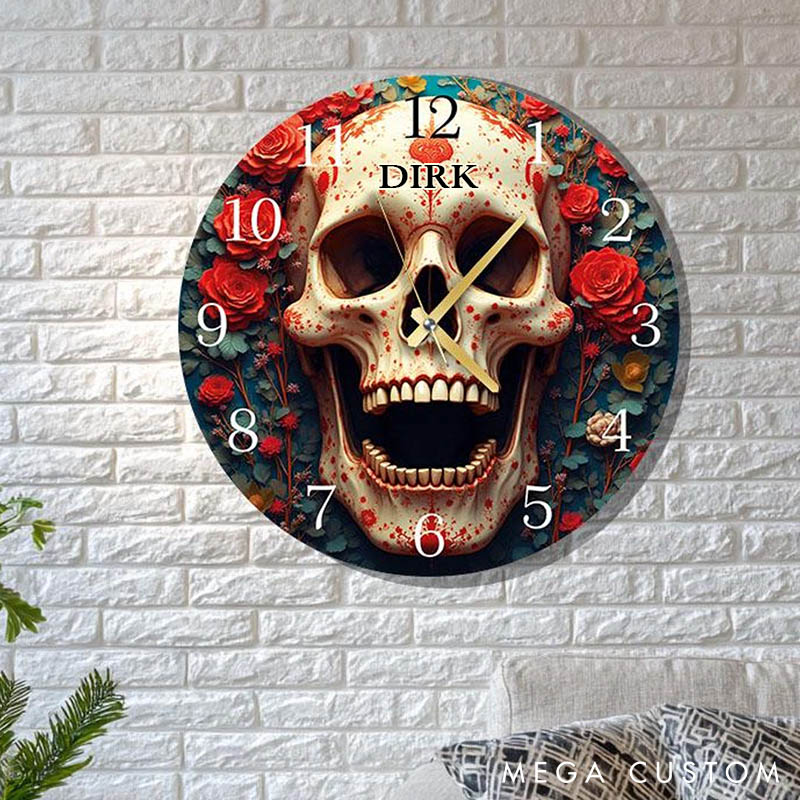 Personalized Gothic Skull and Roses Wall Clock Gothic Living Room Home Wall Decor Bold and Unique Decor for Husband Anniversary Gift