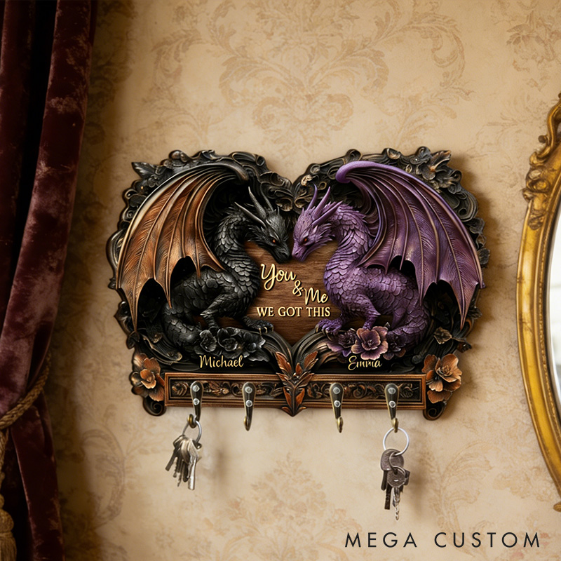 Personalized You and Me We Got This Dragon Couple Wooden Key Rack Custom Graphic 3D Printed Effect Key Hanger Anniversary Valentines Day Gift