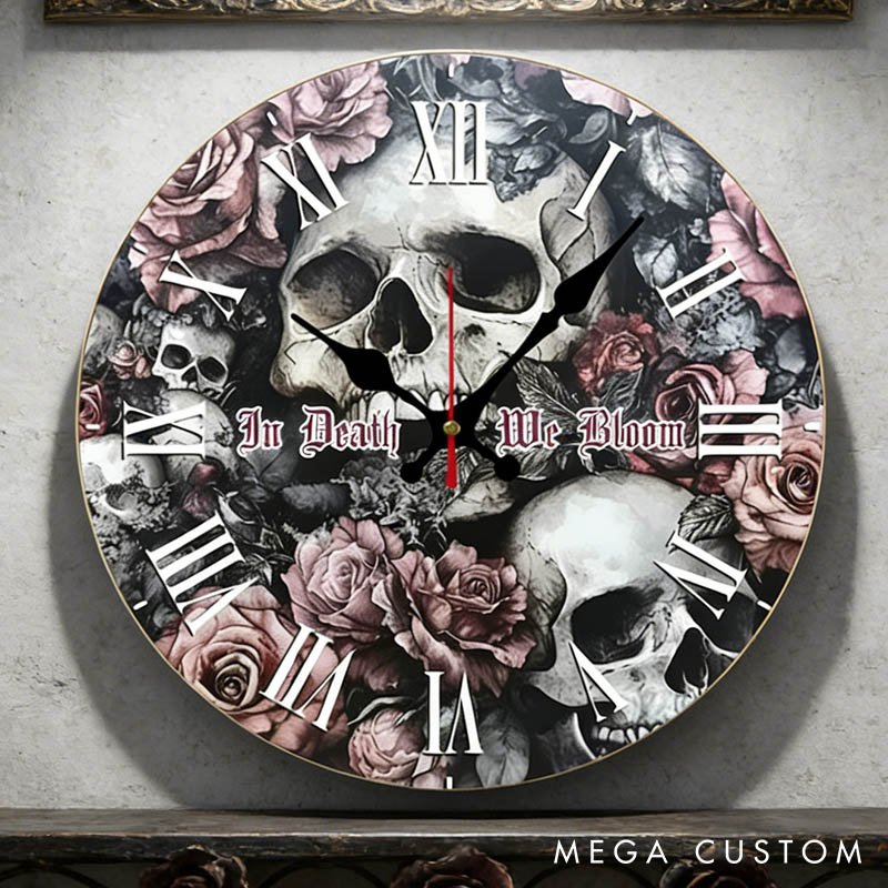 Personalized Couple Skull and Rose In Death We Bloom Wall Clock Custom Gothic Style Graphic 3D Printed Wall Clock Anniversary Gift Valentines Day Gift