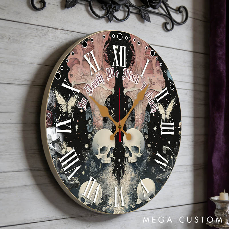 Personalized Couple Skull Butterfly In Death We Find Rebirth Wall Clock Custom Gothic Style Graphic 3D Printed Clock Anniversary Valentines Day Gift