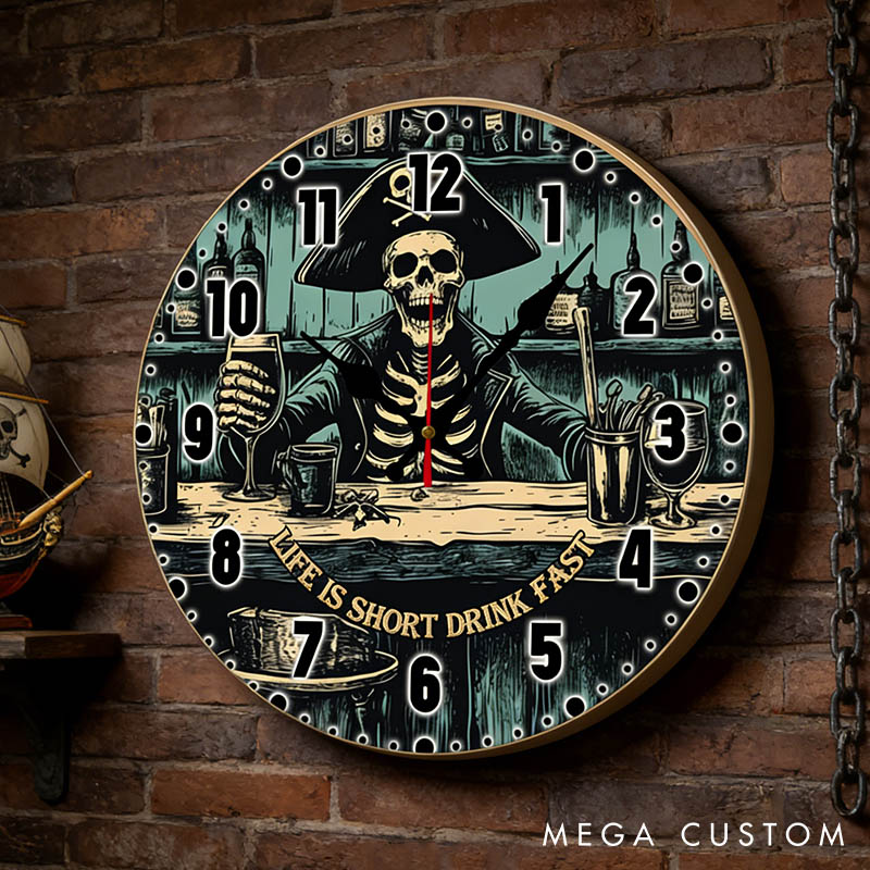 Personalized Man Skull Life Is Short Drink Fast Wall Clock Custom Gothic Style Pirate Skeleton 3D Effect Clock Anniversary Valentines Day Gift for Him