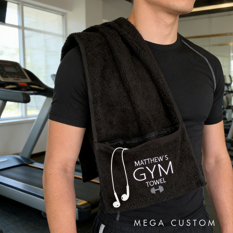 Personalized Gym Towel Embroidered Name Fitness Towel with Zipper Pocket Custom Sports Gift for Birthday for Gym Lovers