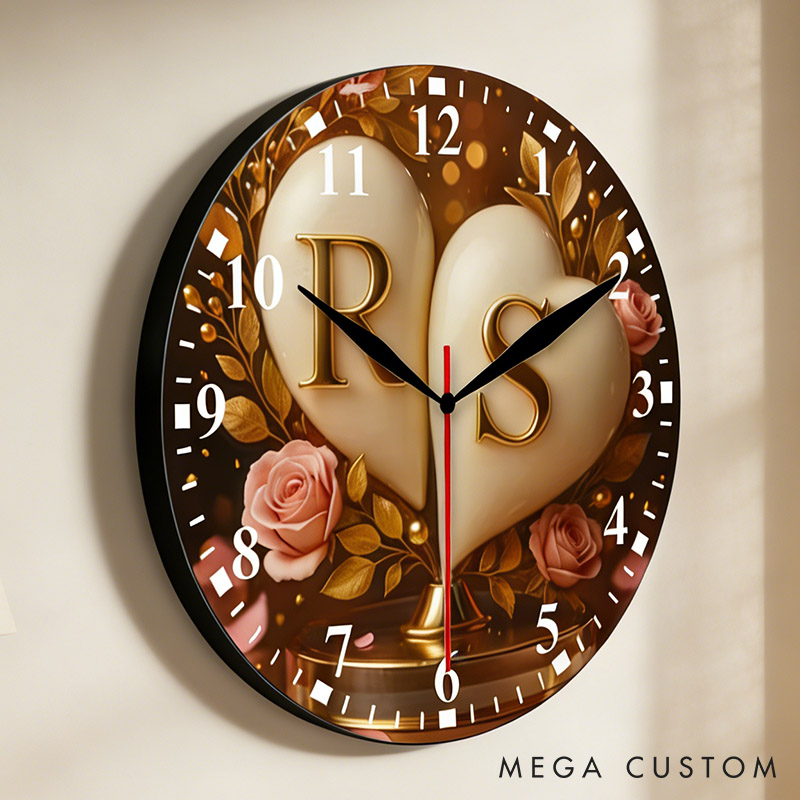 Personalized Couple Two Intertwined Hearts with Pink Rose Wall Clock Custom Romantic Golden 3D Effect Name Wall Clock Anniversary Valentines Day Gift