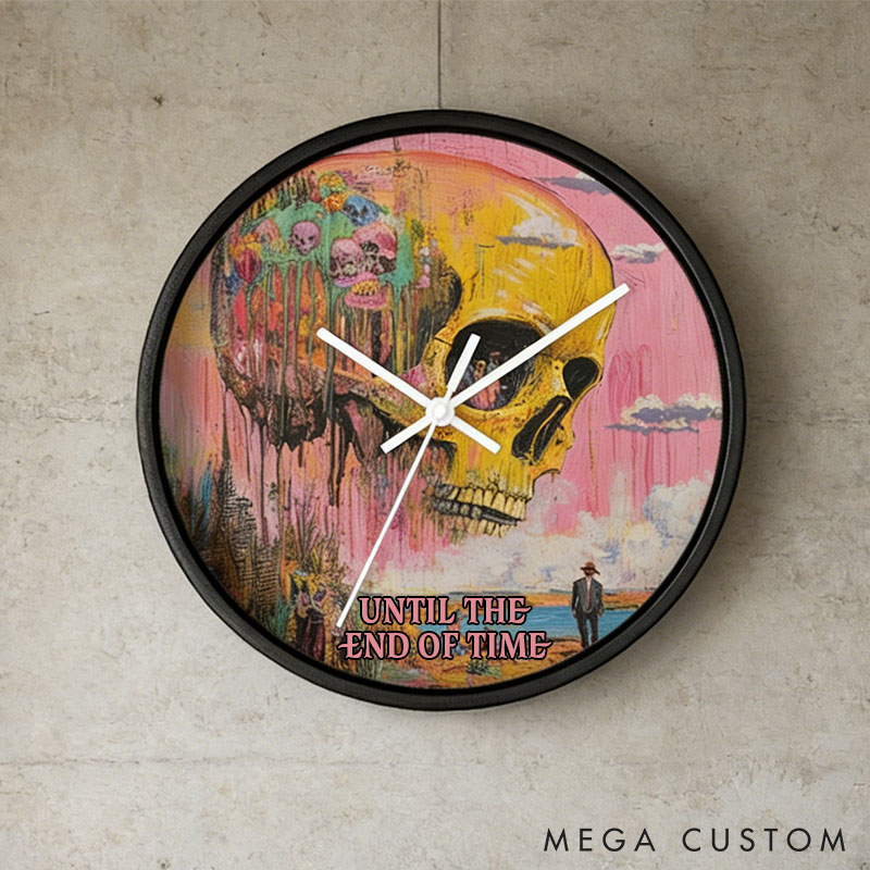 Personalized Psychedelic Pastel Skull Wall Clock Until the End of Time Artistic Skull Wall Clock for Husband Wife Gothic Home Decor Wall Clock