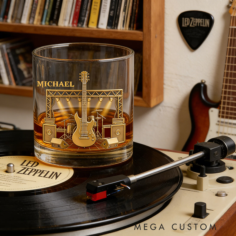 Personalized Electric Guitar Whiskey Glass Custom Name Whiskey Glass Engraved Glasses Gift Guitarist Birthday Concert Holiday Gift