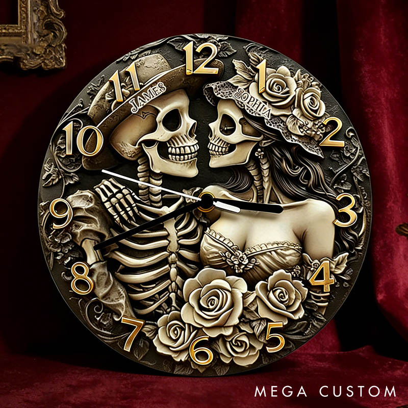 Personalized Skeleton Couple Till Death Do Us Part Wall Clock Custom Retro Gothic Style 3D Effect Wall Clock Anniversary Gift Valentine's Day Gift