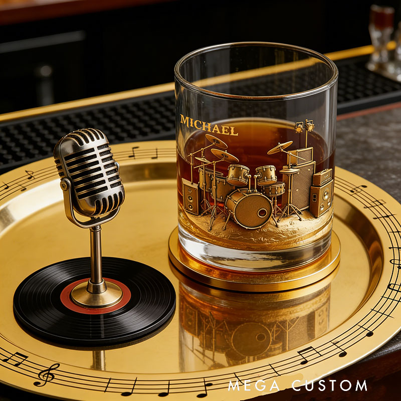Personalized Drum Set Whiskey Glass Custom Name Whiskey Glass Engraved Glasses Gift Drummer Birthday Concert Holiday Gift