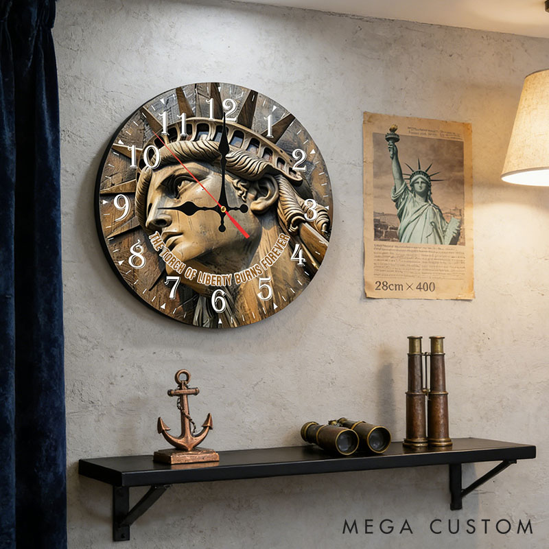 Personalized Man Woman The Torch of Liberty Burns Forever Wall Clock Custom 3D Effect Clock Independence Day Gift Valentine's Day Gift for Him Her