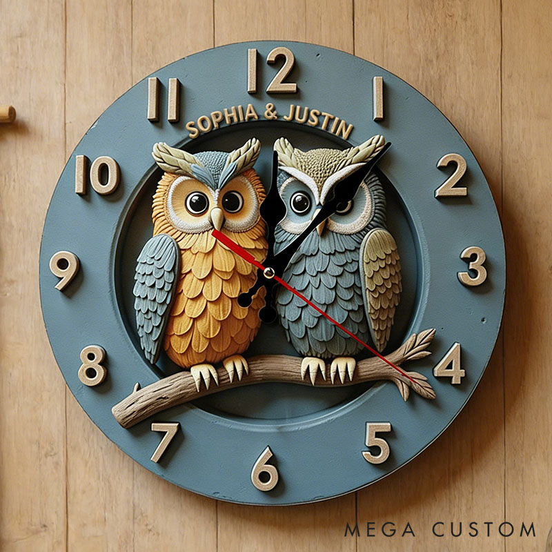 Personalized Owl Couple Wall Clock Custom Romantic Owl Couple on a Branch 3D Effect Clock with Name Anniversary Gift Valentine's Day Gift for Him Her