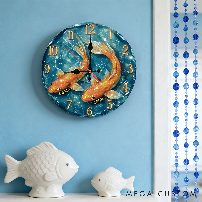 Personalized Koi Fish Couple Wall Clock Custom Romantic Koi Fish Couple Swimming Together 3D Effect Clock Anniversary Valentine's Day Gift for Him Her