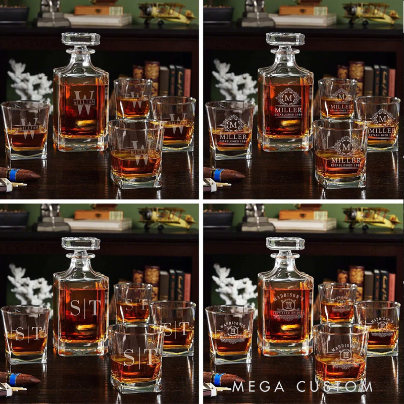 Personalized Bourbon Decanter Set with Bourbon Glasses Engraved Glass Barware Valentine’s Day Gift for Boyfriend Dad Gift Anniversary Gift for Him