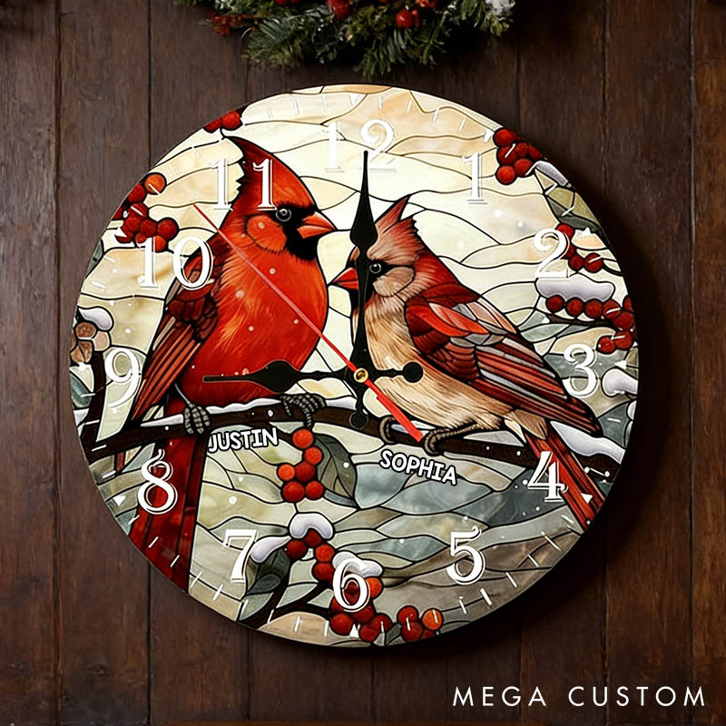 Personalized Couple Vibrant Cardinals Perched on a Branch Wall Clock Custom Stained Glass Design Clock Anniversary Valentines Day Gift for Him Her