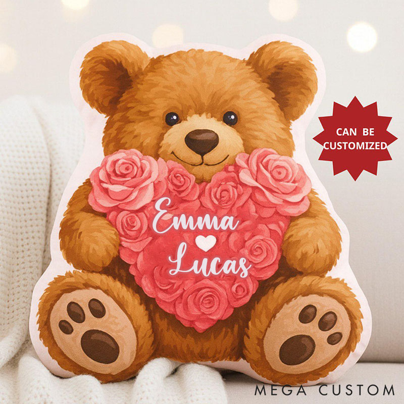 Personalized Teddy Bear Shape Pillow Custom Name Romantic Anniversary Cushion Decor Pillow Valentine Gift for Her