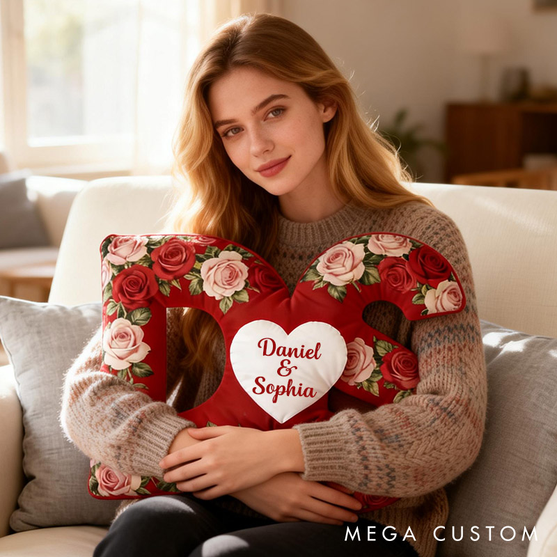 Personalized Initial Heart Pillow Romantic Rose Design Throw Pillow for Wife Girlfriend Valentines Gift for Her