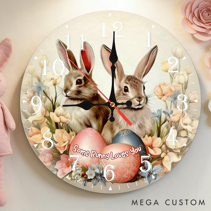 Personalized Couple Some Bunny Loves You Wall Clock Custom Easter Floral Bunny with Eggs Wall Clock with Text Easter Gift for Him Her Anniversary Gift
