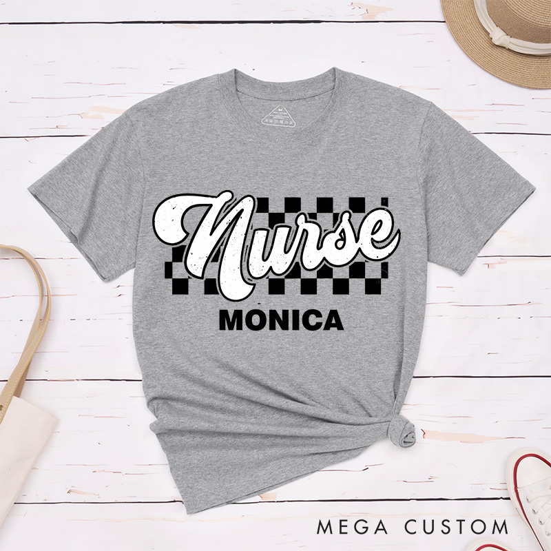 Personalized Nurse T-Shirts Checkered Care Nurse in Style Fashion Design T-Shirts