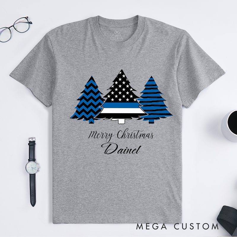 Personalized Police Merry Christmas Thin Blue Line Police Holiday Custom Design Gift for Police Officer T-Shirt