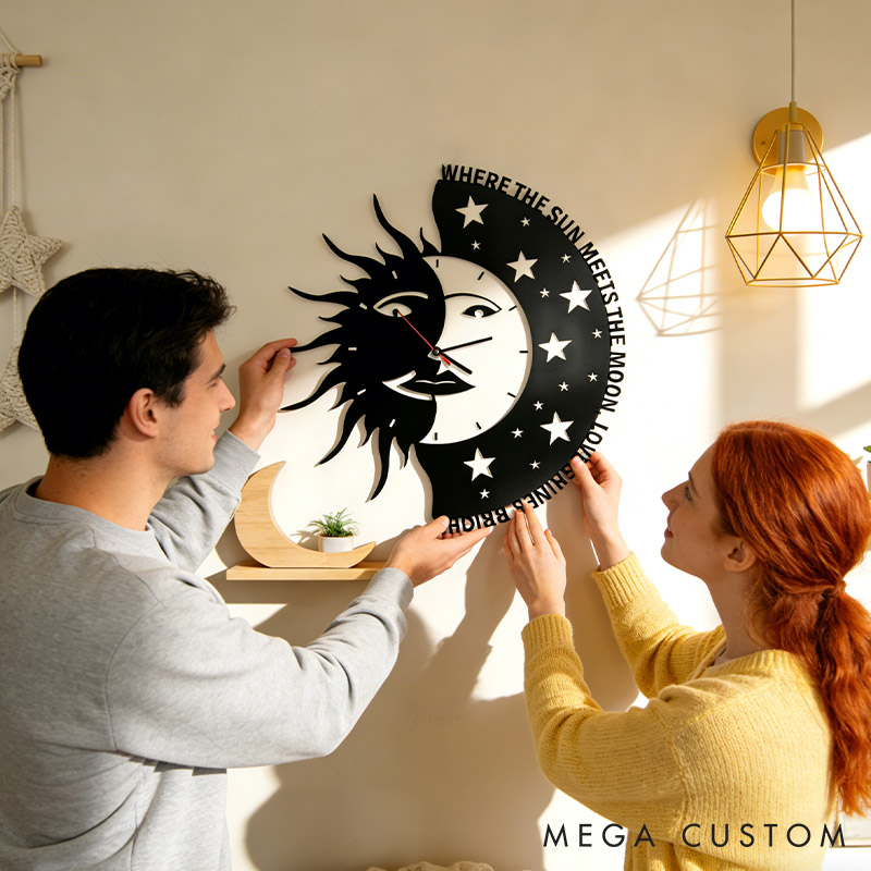 Personalized Couple Where the Sun Meets the Moon Love Shines Bright Metal Wall Clock Custom Wall Clock Anniversary Valentines Day Gift for Him Her
