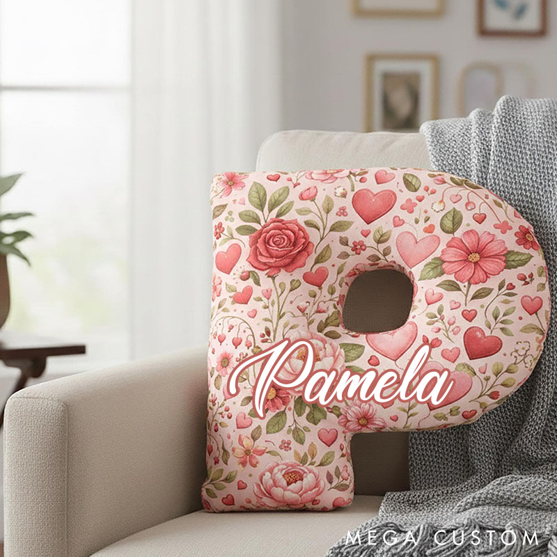 Personalized Floral Initial Pillow Custom Romantic Heart and Rose Throw Pillow Valentine's Gift for Wife Girlfriend