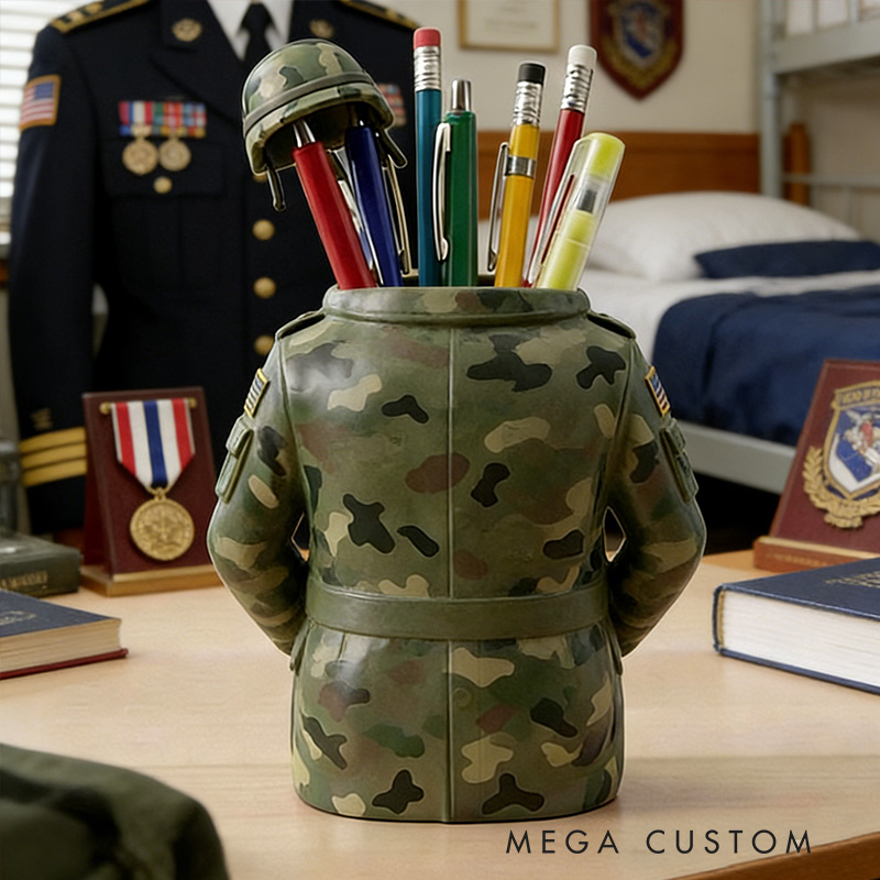 Personalized Soldier Uniform Pencil Holder Military Desk Organizer Army Veteran Gift Tactical Vest Pen Stand