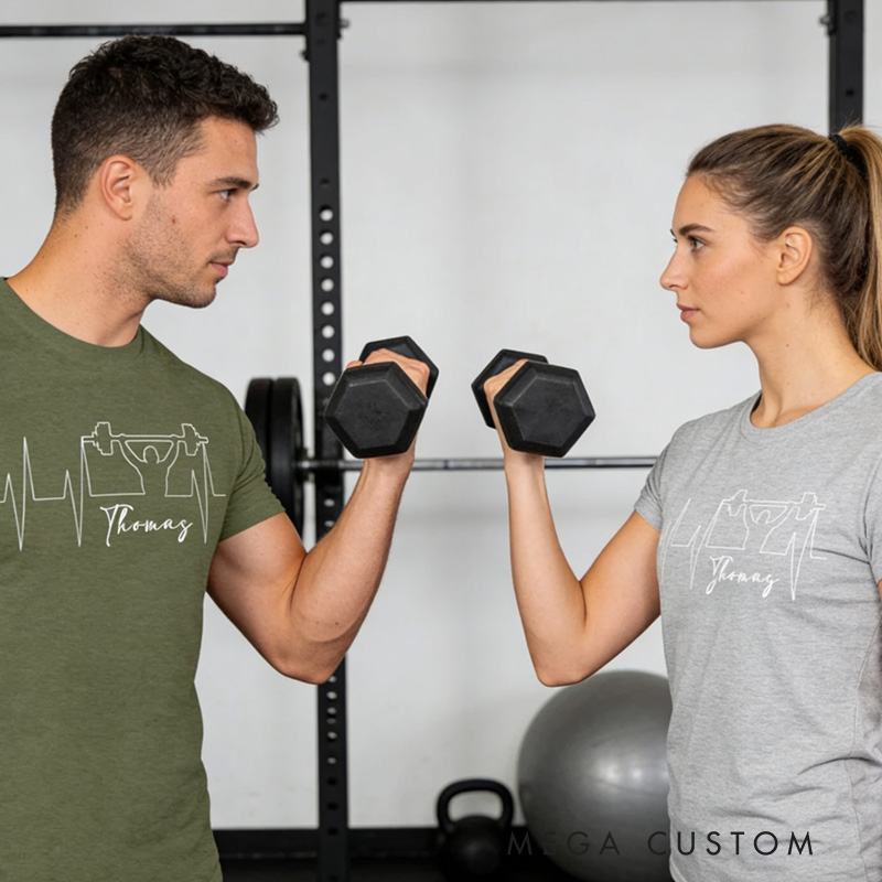 Personalized Heartbeat Couple Classic T-Shirt with Name Weightlifting Gift Bodybuilding Powerlifting for Gym Lover