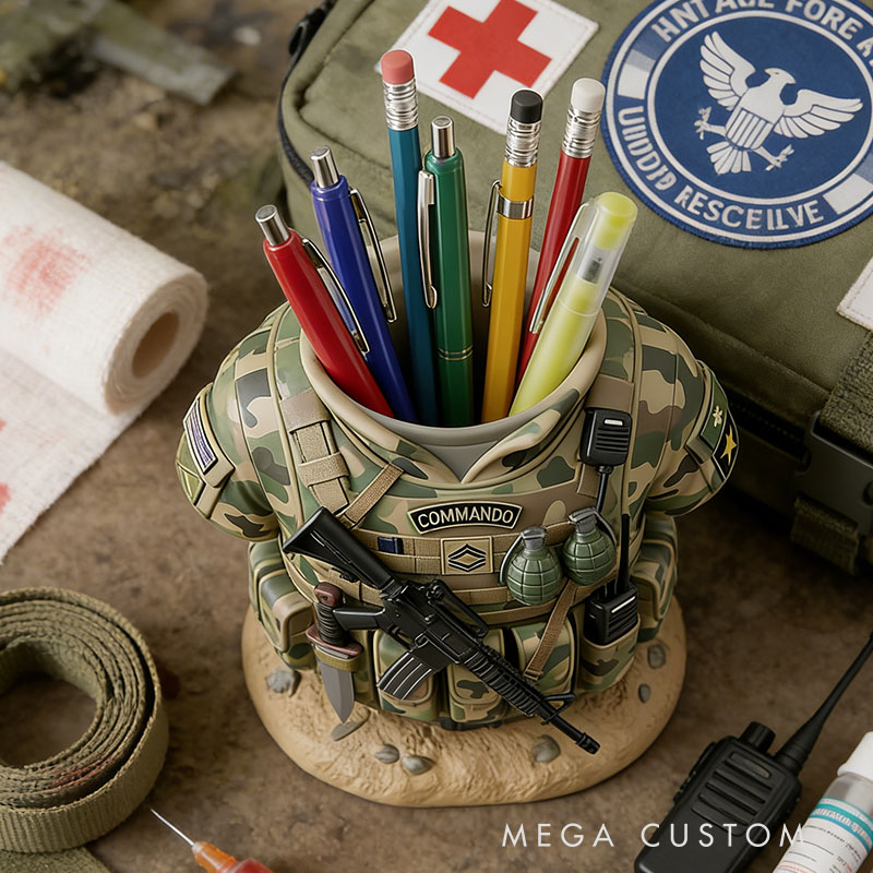 Personailzed Commando Uniform Pencil Holder Special Forces Desk Organizer Tactical Vest Pen Stand Elite Soldier Gift