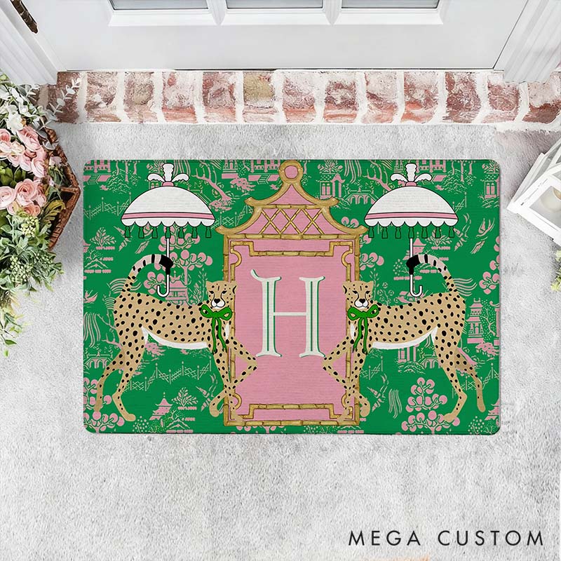 Personalized Leopard Pagoda Chinoiserie Non-Slip Door Mat with Initial Entryway Home Decor Anniversary Gift for Couple