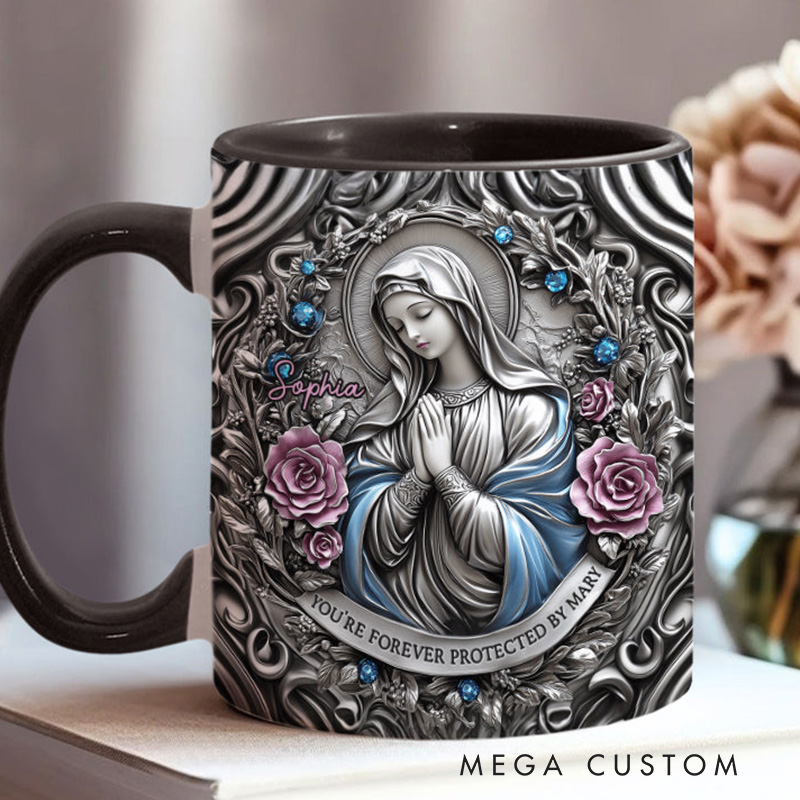 Personalized You're Forever Protected by Mary 11oz Ceramic Mug with Custom Name Religious 3D Coffee Mug Catholic Gift for Women