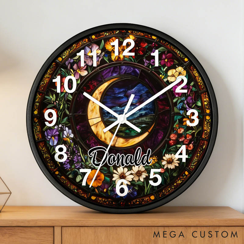 Personalized Round Wall Clock Featuring Gothic Crescent Moonlit Wildflowers Design Stained Glass-Style Wall Clock for Husband Wife