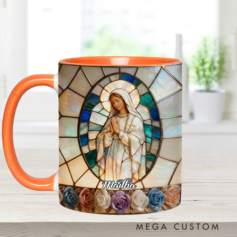Personalized Our Lady of Grace Stained Glass 11oz Ceramic Mug with Custom Name Religious 3D Coffee Mug Catholic Gift for her