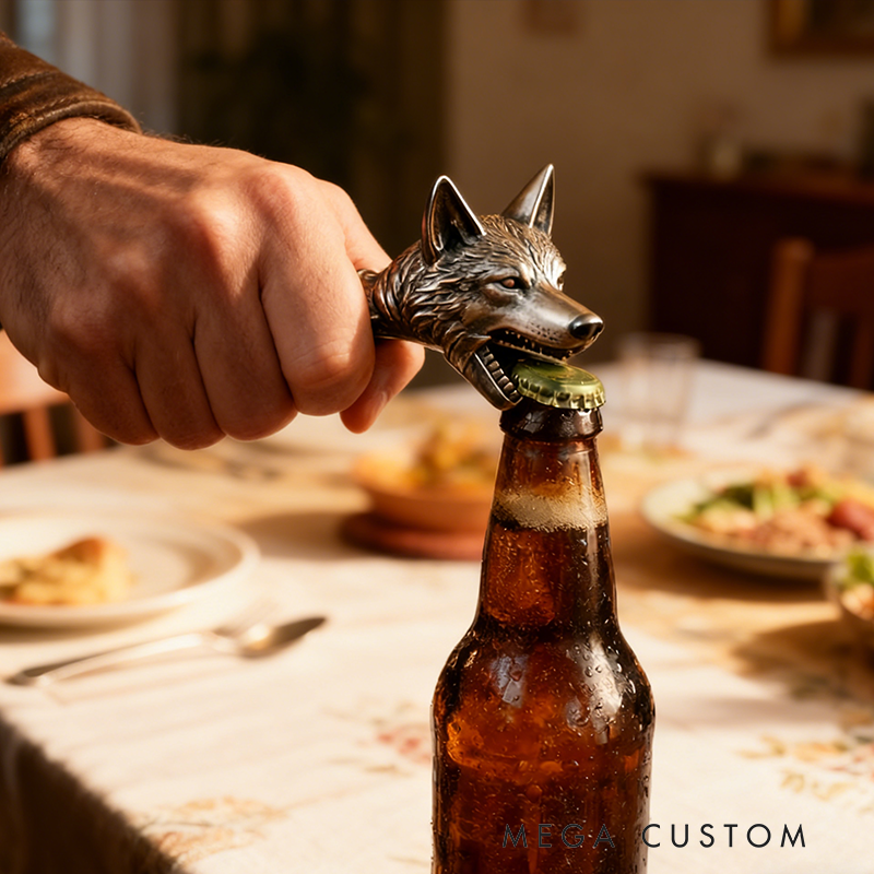 Wolf Head Metal Bottle Opener - Detailed Animal-Shaped Bar Tool for Beer & Beverages