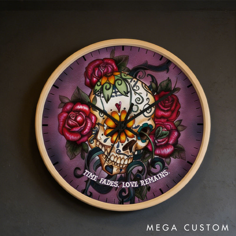 Personalized Sugar Skull Wooden Wall Clock Time Fades Love Remains Dia de los Muertos Decor Sugar Skull and Roses Wall Clock for Couple