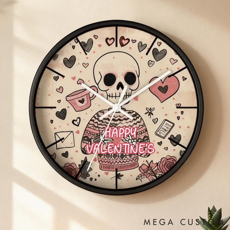 Personalized Skeleton Wall Clock Cute Goth Valentines Day Wall Decor Quirky Valentine's Day Skull Wall Clock Gift for Her Him