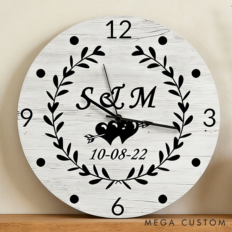 Personalized Couple Initials with Laurel Wreath Wall Clock Custom Newlyweds Wall Clock with Name and Date Anniversary Valentines Day Gift for Him Her