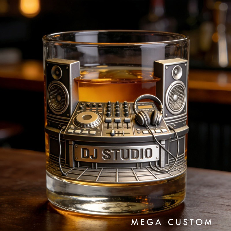 Personalized DJ Studio Themed Whiskey Glass with Custom Text Whiskey Glass Engraved Glasses Gift