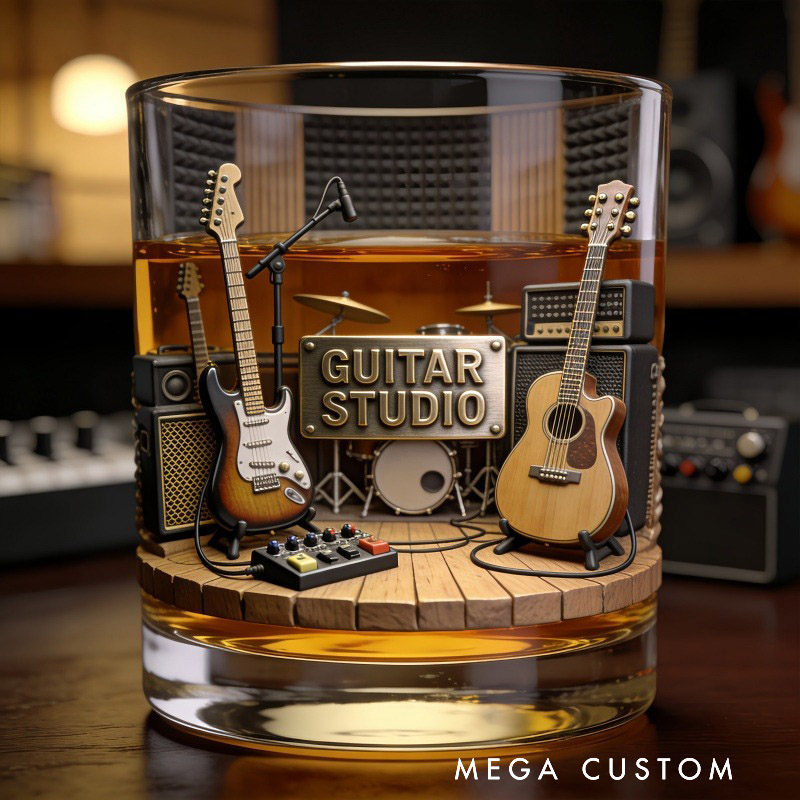 Personalized Guitar Studio Themed Whiskey Glass with Custom Text Whiskey Glass Engraved Glasses Gift for Guitar Players Musicians Music Producers