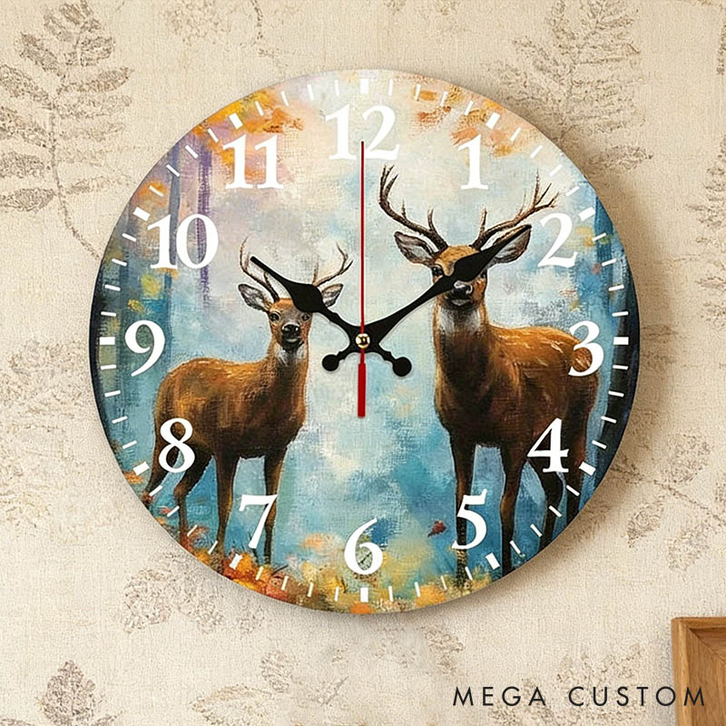 Personalized Deer Couple Together We Walk Through Time Wall Clock Custom Watercolor Style Wall Clock Anniversary Valentines Day Gift for Him Her