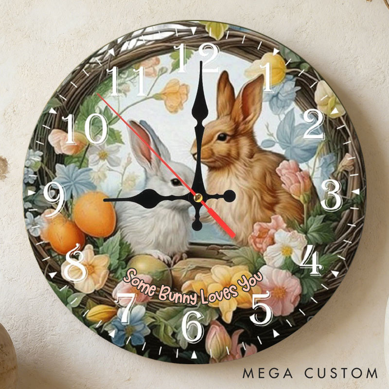 Personalized Couple Some Bunny Loves You Wall Clock Custom Easter Floral Bunny with Eggs Wall Clock with Text Easter Gift for Him Her Anniversary
