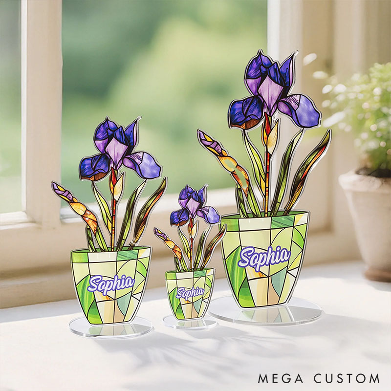Personalized Faux Stained Glass Birth Flower Pot Acrylic Plaque with Name Home Decor Anniversary Birthday Gift for Couple Besties