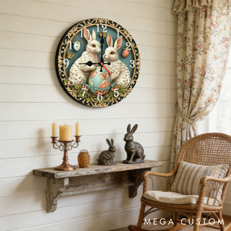 Personalized Couple Some Bunny Loves You Wall Clock Custom Easter Charming Bunny with Eggs Wall Clock with Text Couple Easter Gift for Him Her