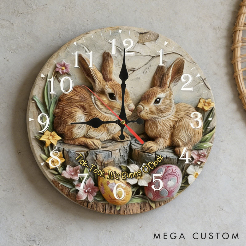 Personalized Couple Tick-Tock It’s Bunny O'Clock Wall Clock Custom Easter Bunny 3D Effect Wall Clock with Text Couple Easter Gift for Him Her