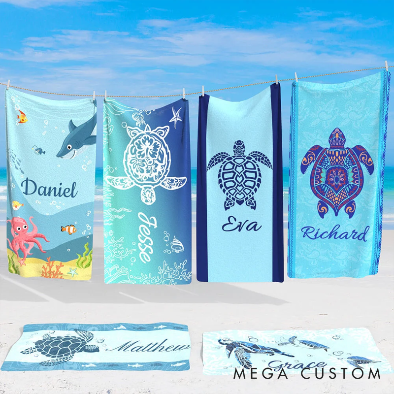 Personalized Pet Lover Underwater World Oversized Quick Dry Turtle Beach Towel with Name Summer Travel Essential Beach Towel
