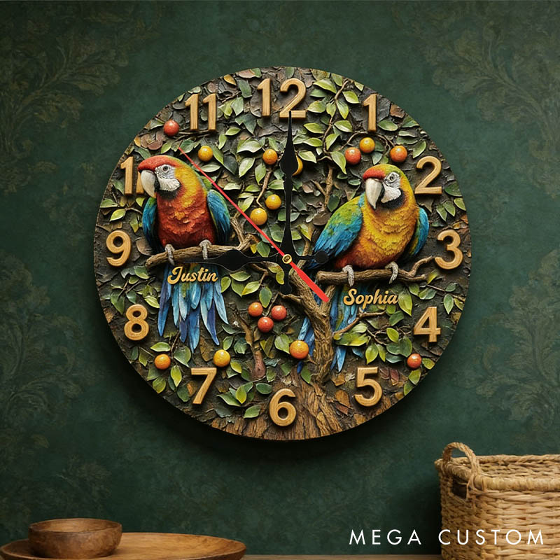 Personalized Parrot Couple Wall Clock Custom Couple Bird on a Branch 3D Effect Wall Clock with Name Couple Anniversary Valentines Day Gift for Him Her