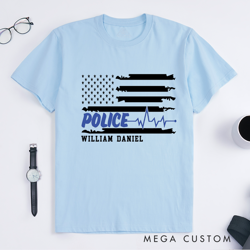 Personalized Police Thin Blue Line Flag with Heartbeat Custom Design Gift for Police Officer T-Shirt
