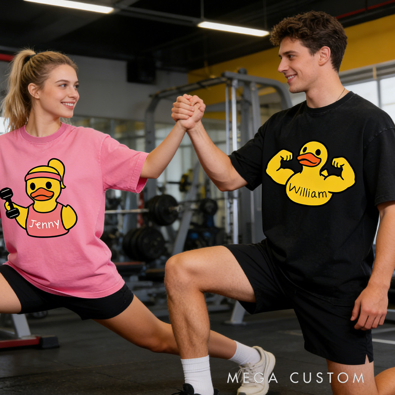 Personalized Washed T-Shirts Fitness Couple Funny Muscle Arm Duck with Name T-Shirt for Gym Lovers