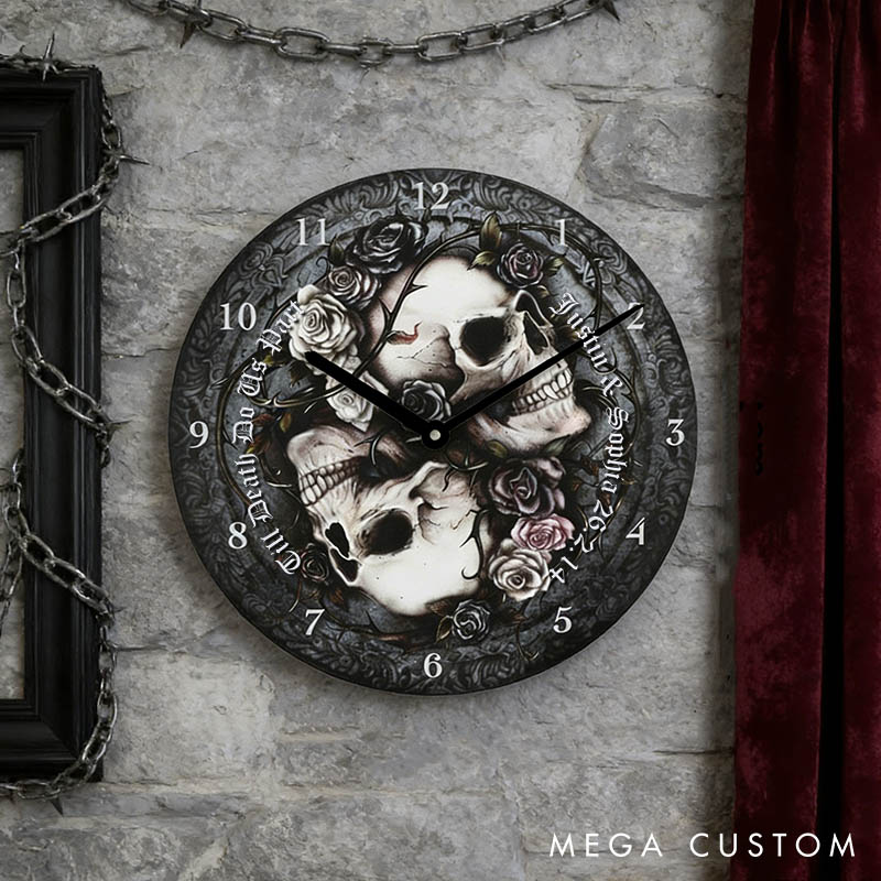 Personalized Skull Couple Till Death Do Us Part Wall Clock Custom Retro Gothic Style 3D Effect Wall Clock Anniversary Gift Valentine's Day Gift